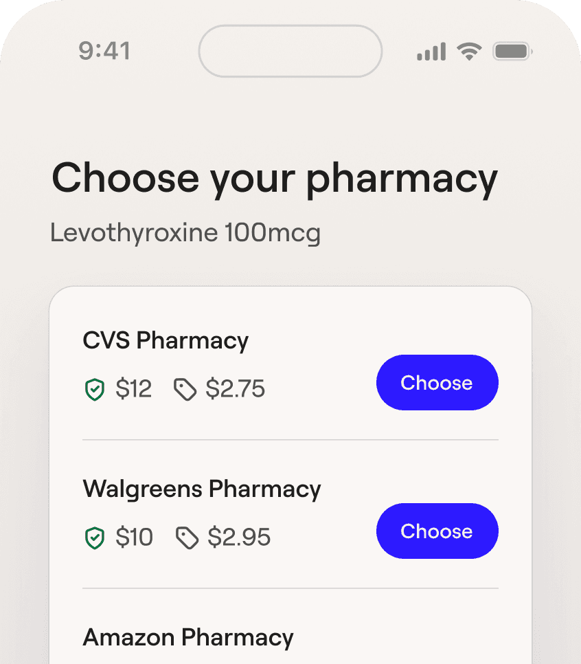 General Medicine app comparing pharmacy prices for a medication