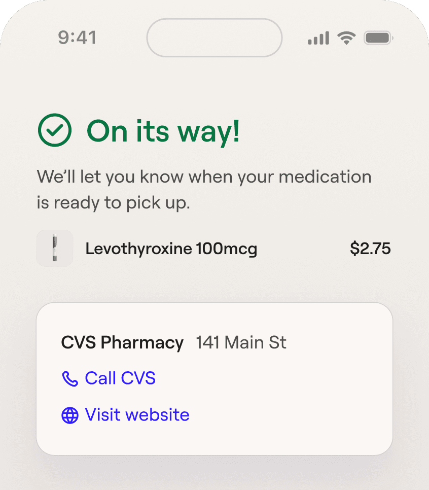 General Medicine app confirming a medication order on its way to a pharmacy